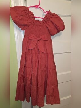 Girls Tiered Puff-Sleeve Dress with Front Bow - Rust